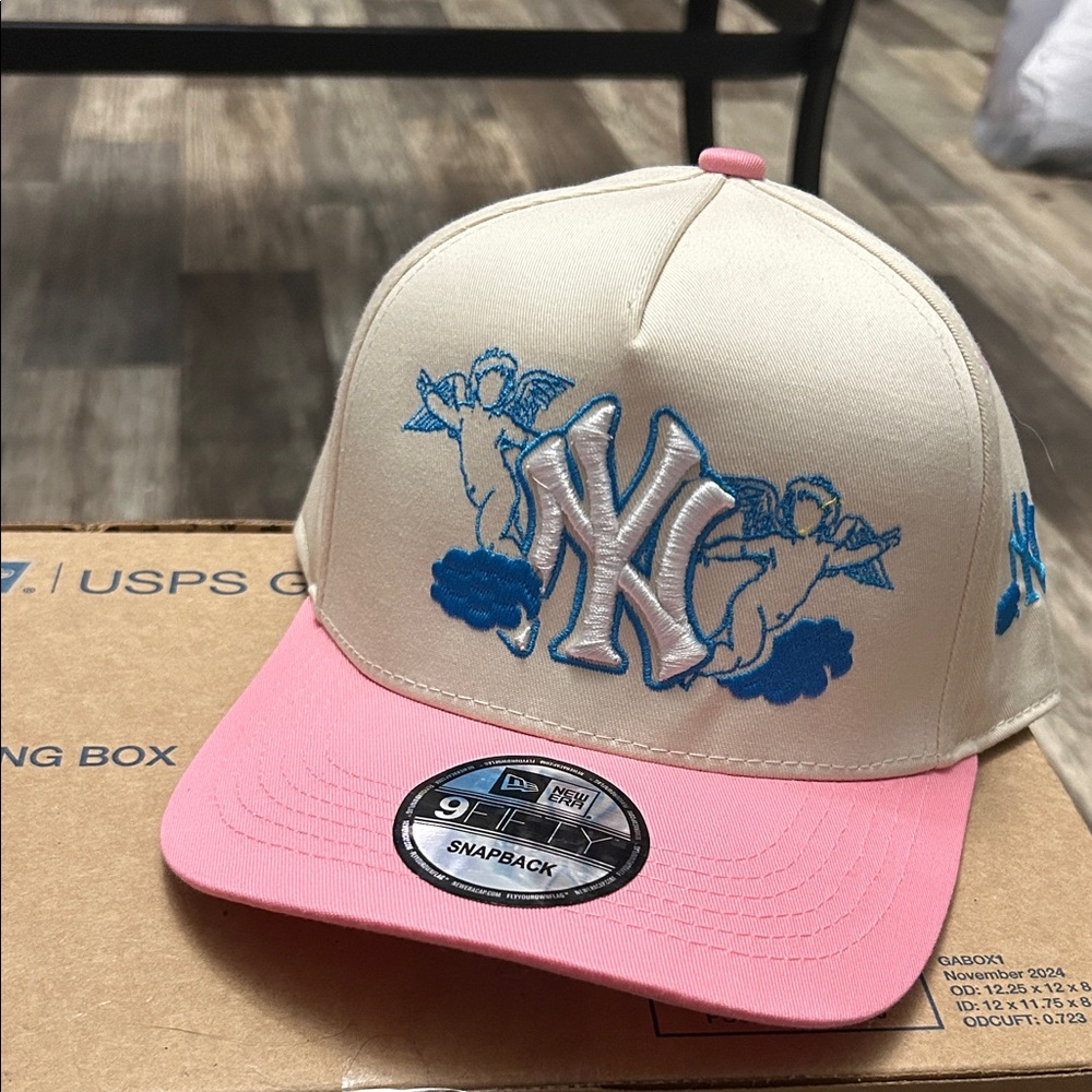 Cream and Pink Snapback Cap with Blue Embroidery